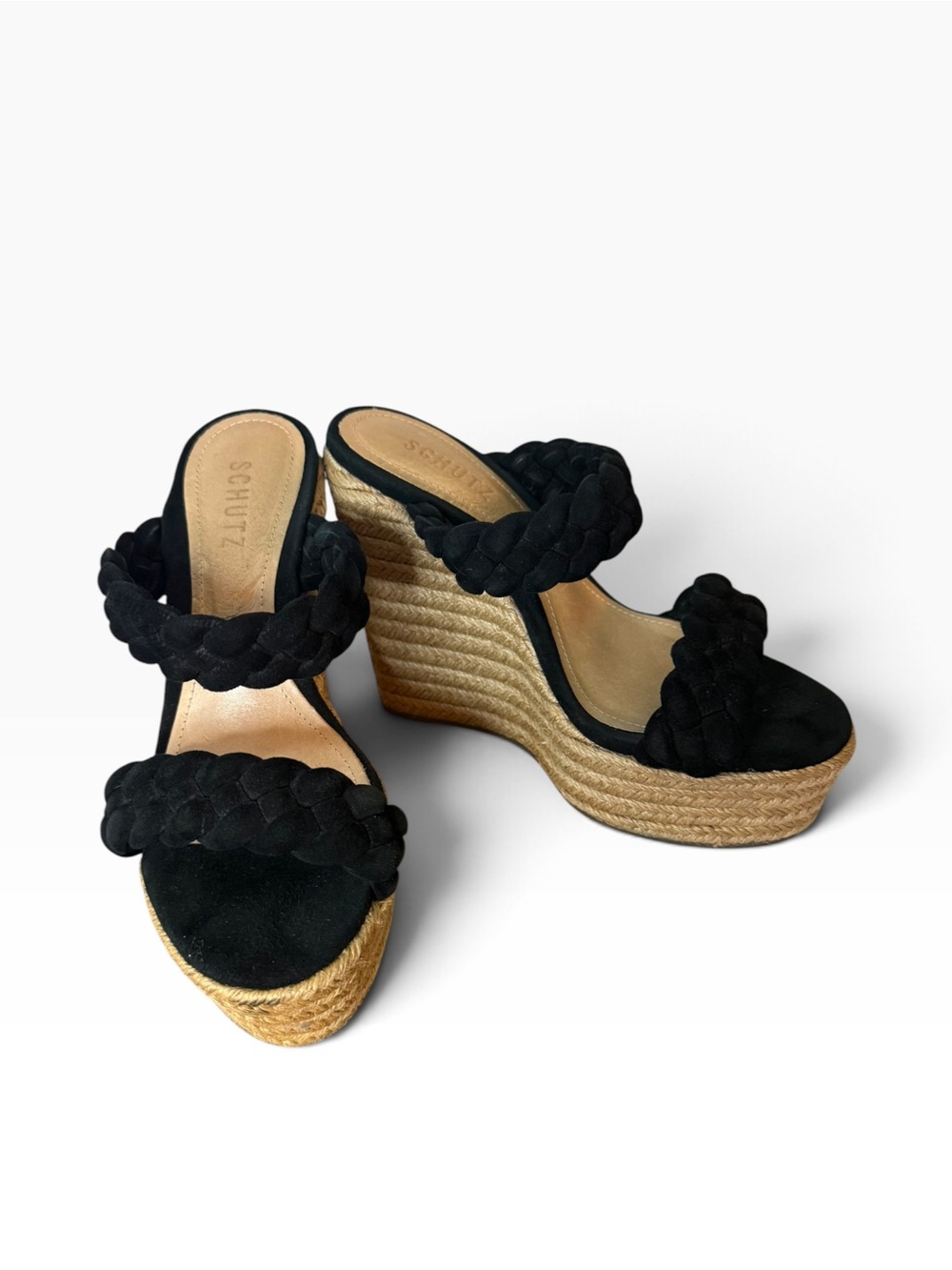 Schutz Black Suede Braided Dyandre Espadrille Platform Heel